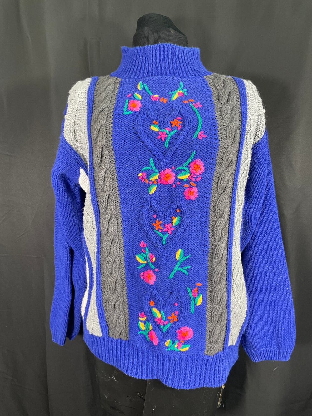 Vintage 90"s PS Sport Flowers & Heart Cable Knit Turtleneck Sweater Indigo Blue